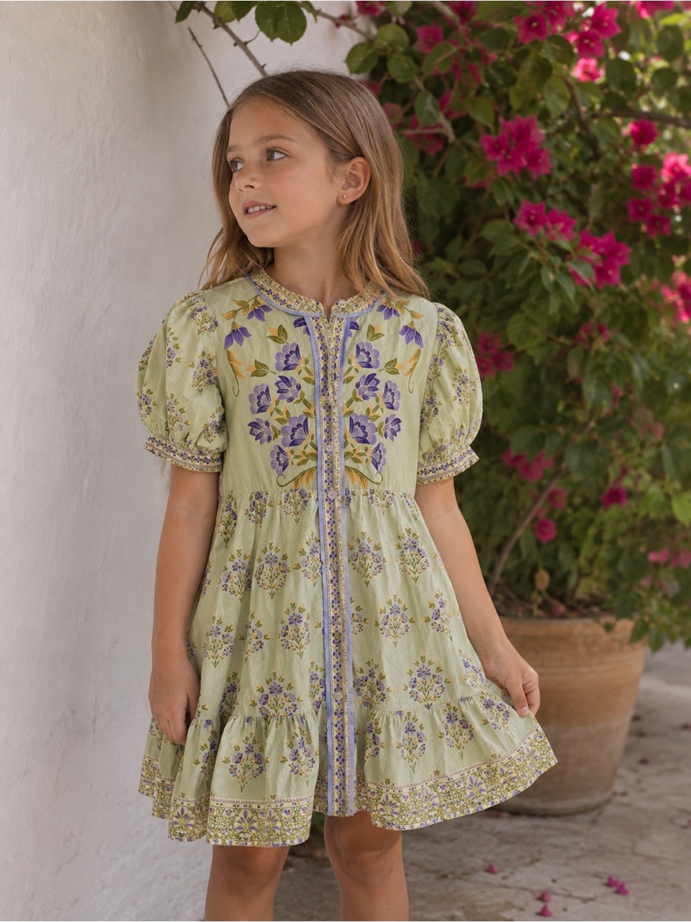 A Loves A Girls Sage Green Floral Puff Sleeve Tiered Babydoll Dress L